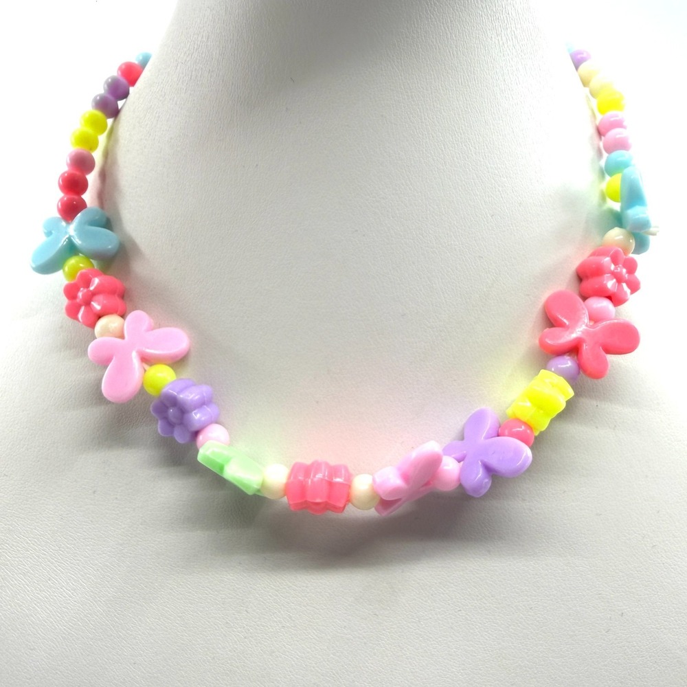 Pastel Butterfly Flower Beaded Necklace - Y2K Cottagecore Statement Jewelry